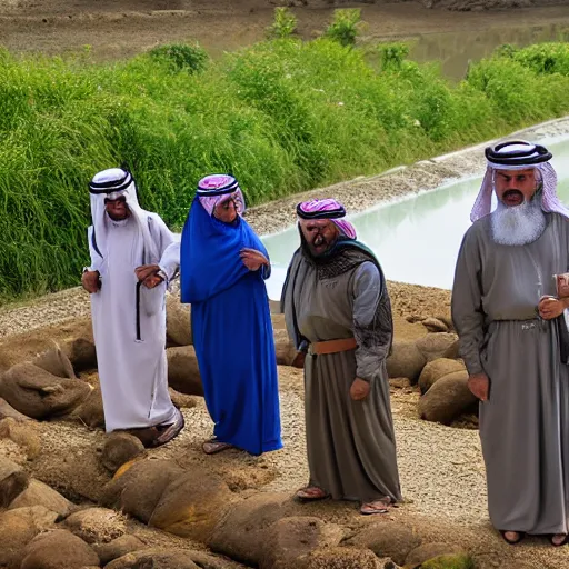 Image similar to Middle eastern wise men visit a fish hatchery in the rural countryside. Realistic, photographic quality.