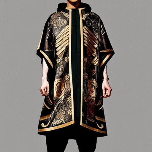 Image similar to ancient greek philosphers wearing gucci versace intricate textile chiton himation cloak tunic detailed design japanese kanji streetwear cyberpunk modern fashion black asian afro