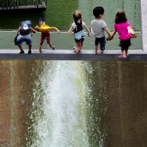 Prompt: kids going down a waterside in a watermark in the style of pixar