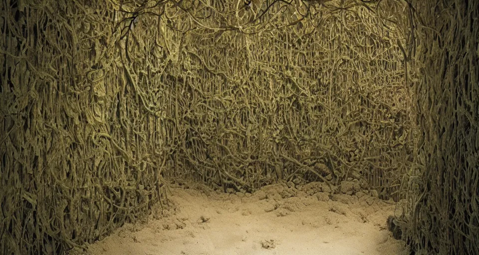 Image similar to IKEA catalogue photo, high end style car interior, sand piled in corners, dust, organic, vines, overgrown, tropical, by Beksiński