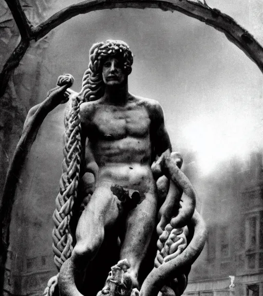 Image similar to a man frozen to statue by medusa, ww1 film photo, grainy, high detail, high resolution
