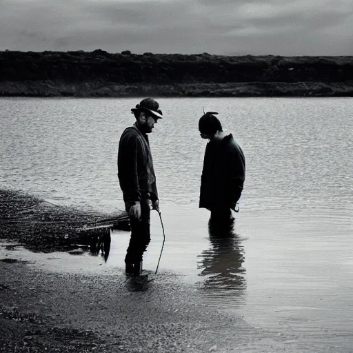 Prompt: damon albarn and thom yorke going fishing, photograph, film photography, soft lighting, 8 k