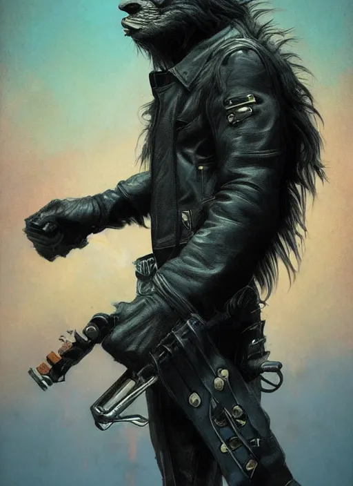 Prompt: full body werewolf rockstar, leather jacket, electric guitar, digital painting, artstation, concept art, smooth, sharp focus, illustration, art by simon bisley and greg rutkowski and alphonse mucha