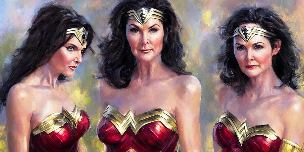 Image similar to portrait of Lynda Carter as Wonder Woman in the morning sun, Danile Gerhartz, oil painting