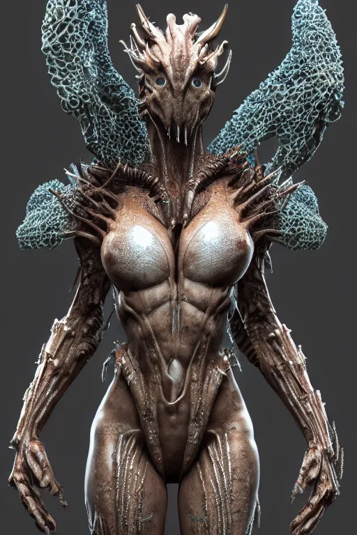 Prompt: skin concept costume, in full growth, biopunk, predator, trypophobia, many details, crystals, guyver style, 3 d, gods, cinematic, hyper realism, high detail, octane render, art by hans giger