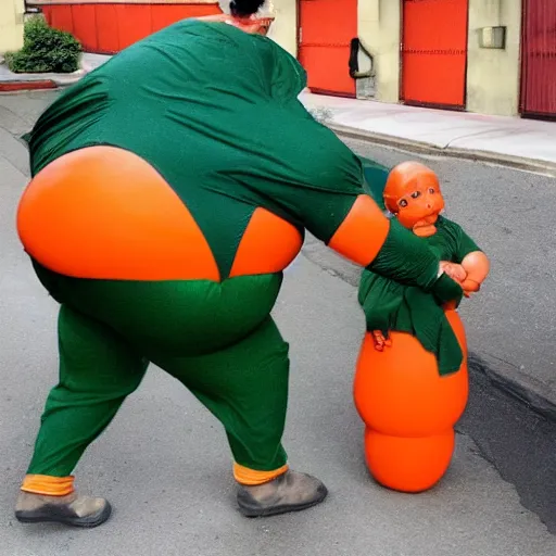 Image similar to Oompa Loompas with orange skin and dark green hair carrying body bags