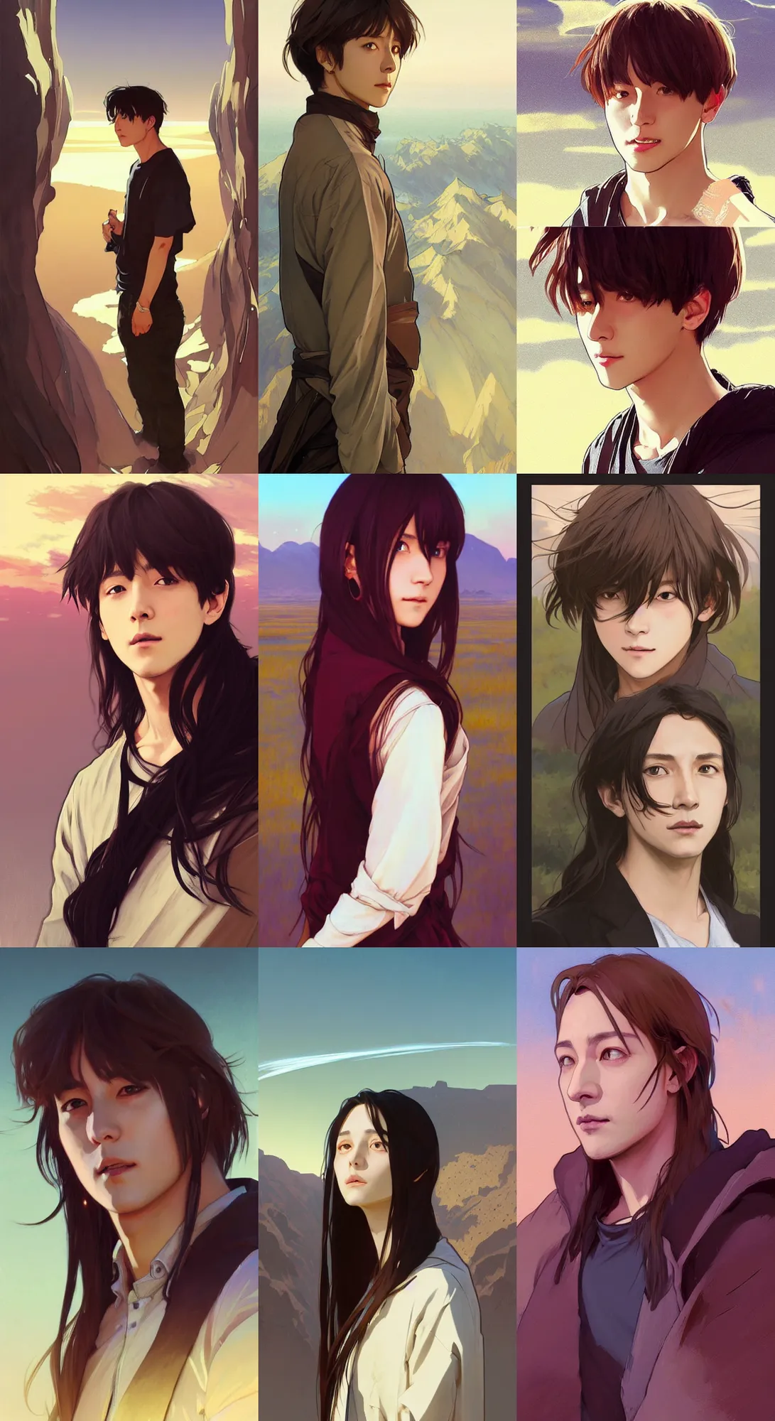 Prompt: (Portrait of Jungkook with long straight hair, digital painting, artstation, concept art, sharp focus, illustration, art by greg rutkowski and alphonse mucha),(Background is a screenshot of the desert by krenz cushart, pixiv contest winner, action painting, 2d game art, official art, award-winning, art by Studio Ghibli, by Chris Moore, high details, overexposed sunlight, strong shadows)