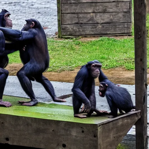 Image similar to 3 Chimps Fighting on the Ramp to Noah's Ark as it Starts to rain