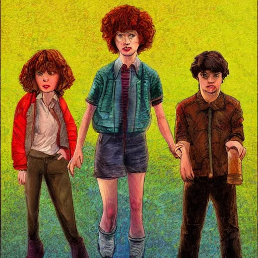 Image similar to stranger things characters pained in a post impressionist style