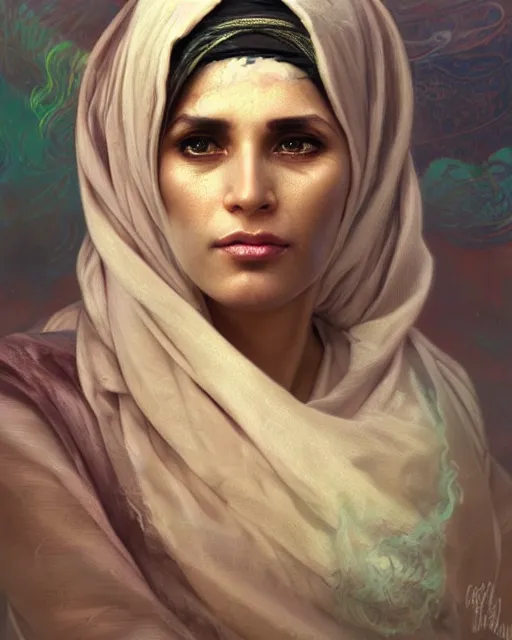 Prompt: portrait of 4 0 - year - transwoman prophet muhammad, clear face, pointed face and sensual eyes, hyper realistic face, beautiful lips, fantasy art, in the style of greg rutkowski, intricate, alphonse mucha, hyper detailed, smooth