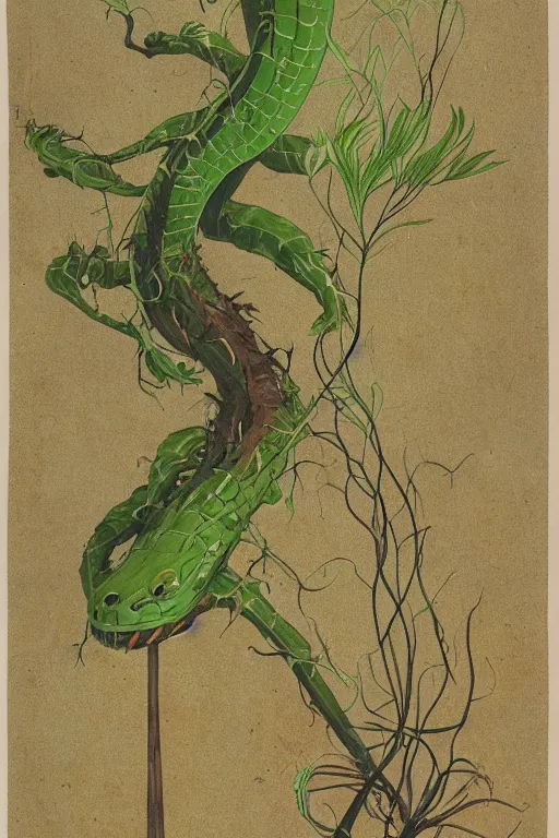Image similar to a carnivorous plant with a long vine and the head of a alligator, vicious snapping alligator plant, side view of a plant showing roots stem and bud, plant photograph showing roots underground and plant aboveground, cutout photograph of a plant