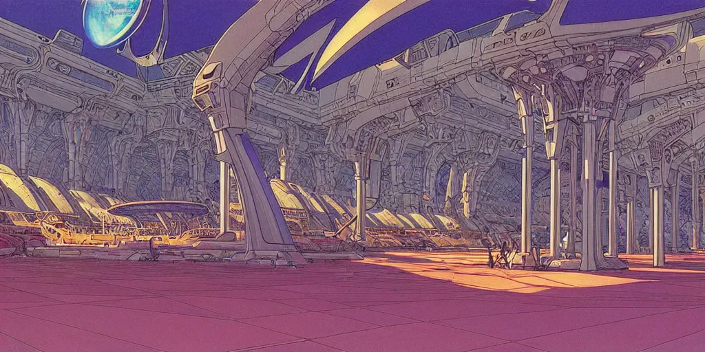 Prompt: cel shaded cinematic shot of the interior of a sci-fi space station with ornate Elven architecture bustling with various intelligent alien species, epic castle, emerald, crystalline, detailed illustration, sharp focus, clean lines, art by Moebius, Jean Giraud Moebius comic illustration