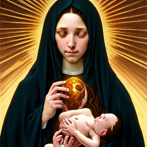 Image similar to the virgin mary holding fetus embryo baby saviour, highly detailed, digital painting, concept art, smooth, sharp focus, illustration, surrealist, absurd, humorous, photoshop, art by artgerm and greg rutkowski and alphonse mucha