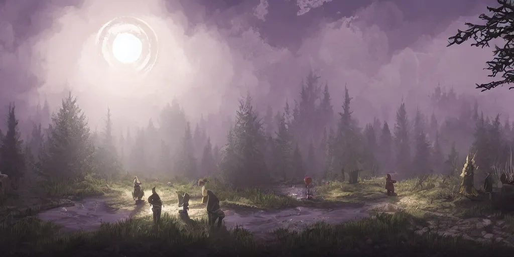 Prompt: tabletop roleplay game of a moonlit clearing in the woods, gridless, top - down perspective, beautiful, 8 k, high quality digital art