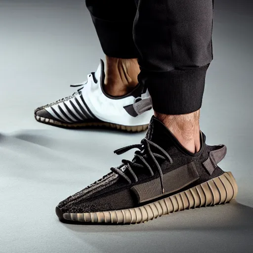 Image similar to studio fashion photography of man wearing adidas yeezy boost shoes. studio lighting, highly detailed