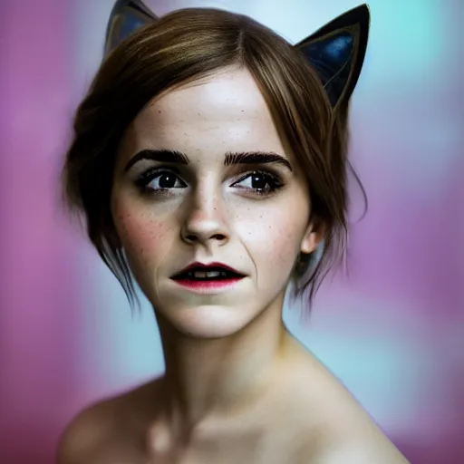 Image similar to Emma Watson as Catgirl, XF IQ4, 150MP, f/1.4, ISO 200, 1/160s, natural light, Adobe Photoshop, Adobe Lightroom, DxO Photolab, polarizing filter, Sense of Depth, AI enhanced, HDR