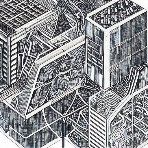 Image similar to “geometrically surreal cube town, extremely high detail, photorealistic, intricate drawings, dotart, album art in the style of James Jean”