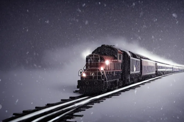 Image similar to an old locomotive rushing through snow storm in high speed, white steam on the side, dark smoke with fire! from the pipes, dynamic angled shot, speed lines, fire particles and snowflakes everywhere, 8 k, hyperrealistic, ultra sharp, octane render, unreal engine, artstation, very detailed, 1 6 k, eerie moon eclipse cinematic scenery