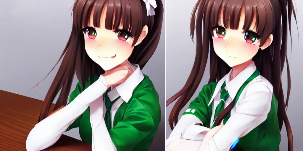 Image similar to beautiful anime high school girl siting on a school desk, full body, brown hair, ponytail, white ribbon, green eyes, full perfect face, slightly smiling, detailed background, drawn by Artgerm, Sasoura, Satchely, no distorsion