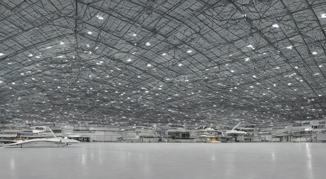 Prompt: a hangar with a hypersonic jet by Gijsbert d'Hondecoeter and József Rippl-Rónai