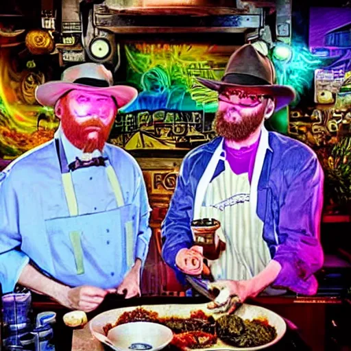 Image similar to rocky mountain oysters, psychedelic, cyberpunk, TV cooking show