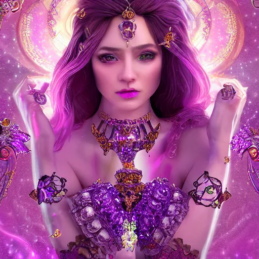 Image similar to portrait princess of amethyst, glowing, ornate and intricate purple jewelry, jaw dropping beauty, glowing background lighting, purple accent lighting, hyper detailed, fairy tale, 4 k octane render