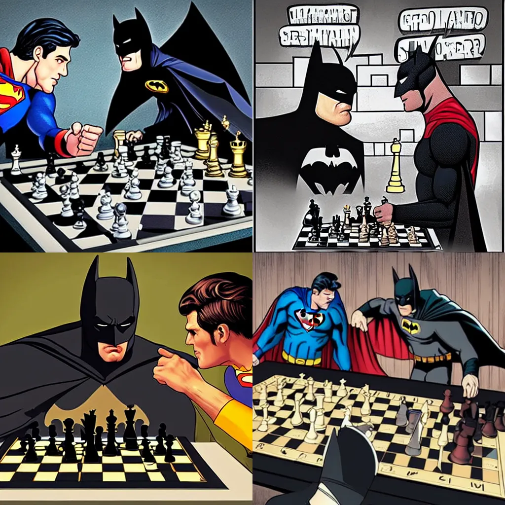 Prompt: batman plays chess with superman, photorealistic