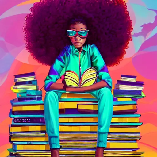 Prompt: symmetry!!! a young black girl with a colorful afro and cybernetic glasses, sits cross legged on top of a tall pile of books!! in a vast and endless library. a beautiful painting by artgerm and greg rutkowski and justin bua and evgeni gordiets in a surreal portrait style. psychedelic, beautiful detailed face. synthwave color scheme