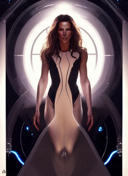 Image similar to symmetry!! portrait of kate beckinsale, sci - fi, tech wear, glowing lights!! intricate, elegant, highly detailed, digital painting, artstation, concept art, smooth, sharp focus, illustration, art by artgerm and greg rutkowski and alphonse mucha