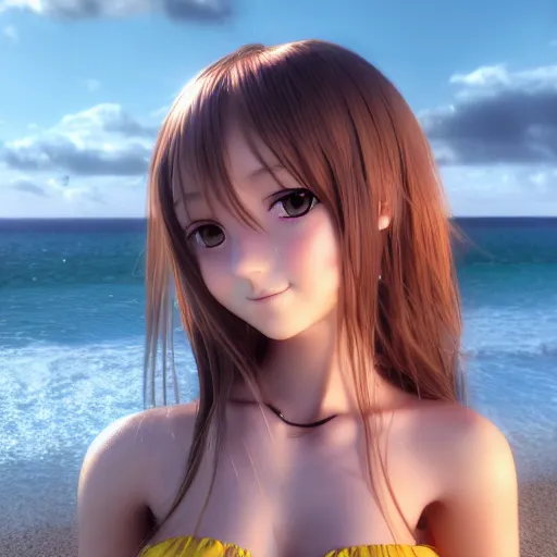 Image similar to nymph render of a very beautiful 3d anime girl, long hair, hazel eyes, cute freckles, full round face, short smile, cute sundress, golden hour, serene beach setting, medium shot, mid-shot, highly detailed, trending on Artstation, Unreal Engine 4k