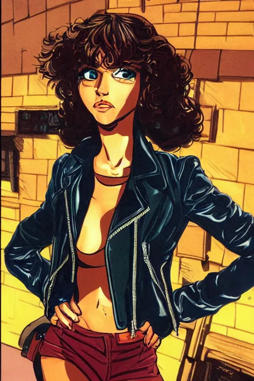 Image similar to portrait of an attractive young female protagonist, center focus, wearing leather jacket, in city street, detailed face, artwork by ralph bakshi