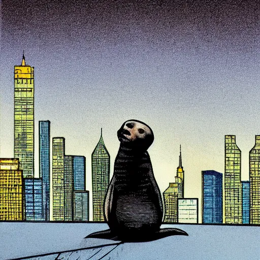 Prompt: baby seal sitting on the edge of a roof looking at the city at night, wide angle, comic book by frank miller