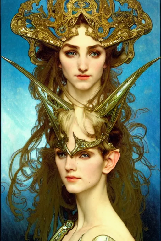 Image similar to head and shoulders portrait of an eldritch knight, elf, beautiful, female, breastplate, magical, high fantasy, d & d, by alphonse mucha, face details, extremely detailed, vogue fashion photo