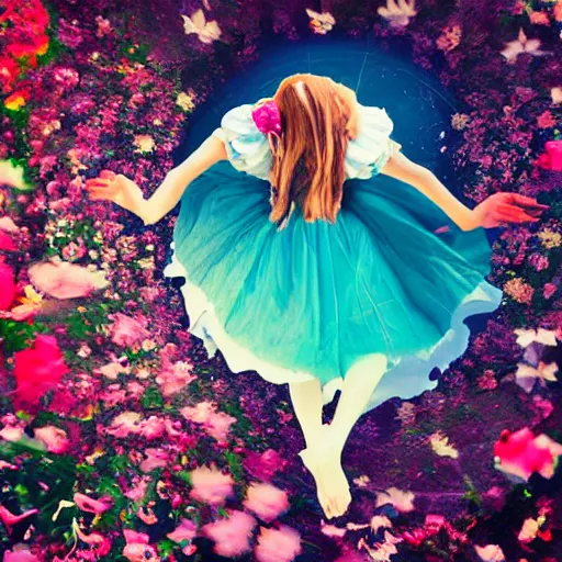 Prompt: A Alice in the wonderland like scene where a girl is floating in mid-air and flowers and other things are floating around her, in a dreamy soft focus, fantasy, award winning, by Ekaterina Savic