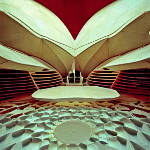 Image similar to interior of a futuristic lotus temple with gold, red and white marble panels, in the desert, by buckminster fuller and syd mead, intricate contemporary architecture, photo journalism, photography, cinematic, national geographic photoshoot