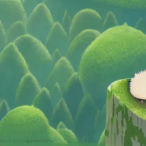Prompt: A hedgehog on top of a mountain about to jump down the slope, from above you can see the entire forest full of trees and life, ilustration art by Goro Fujita