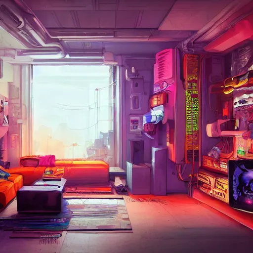 Prompt: the cyberpunk apartment, render, octane, 4k, highly detailed, vivid colors, high definition, by James Gilleard