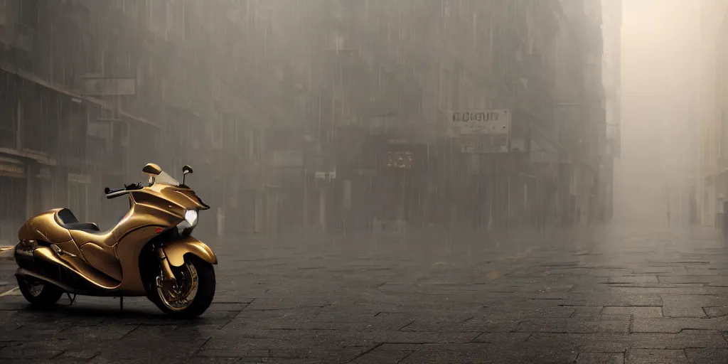 Prompt: parked Hayabusa on deserted city street, fog, rain, volumetric lighting, beautiful, golden hour, sharp focus, ultra detailed, cgsociety