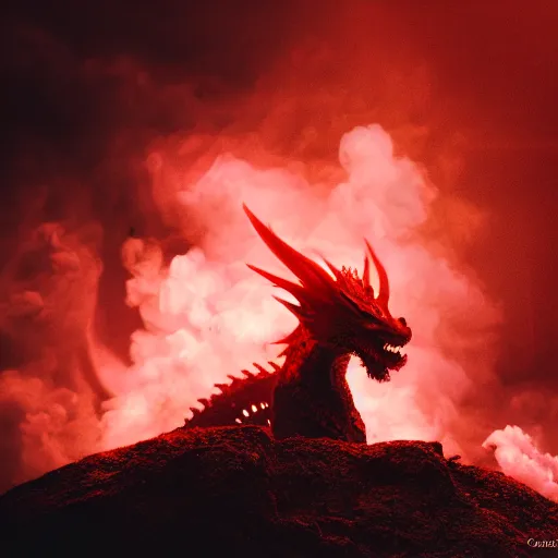 Image similar to A dragon emerging from a cloud of smoke, its eyes glowing red.