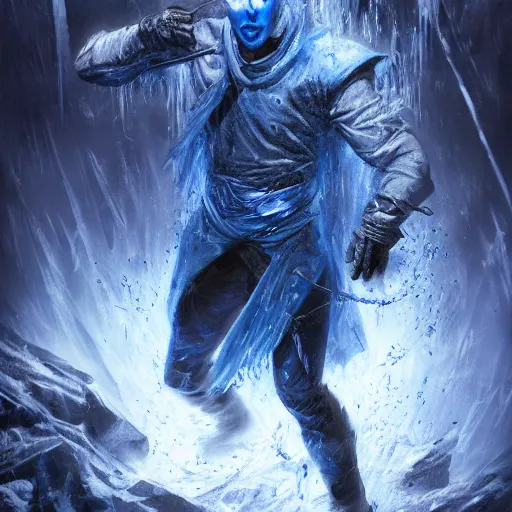 Prompt: a blue tiefling man wearing dark cloths frozen in ice and being shattering into a million pieces, action, cracked, destroyed, shattering, breaking, by Tony Sart, detailed, realistic, masterpiece, symmetrical