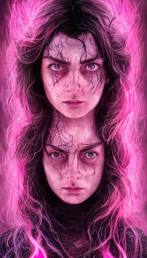 Prompt: door to the soul, furious gorgeous woman, glowing pink black hair, face covered in dirt, lord of the rings ,neon, fibonacci, sweaty, insane, intricate, highly detailed, digital painting, artstation, concept art, smooth, sharp focus, illustration, Unreal Engine 5, 8K, art by artgerm and greg rutkowski and alphonse mucha