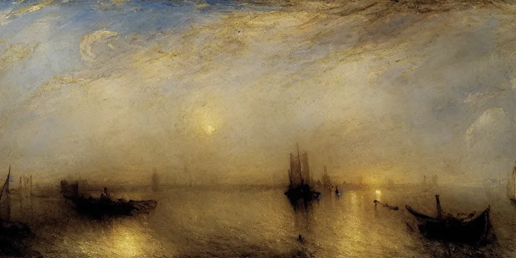 Prompt: a boat on the river on a sunny day, by william turner