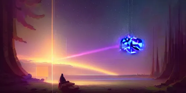 Prompt: beautiful glowing cubes all interconnected to each other with light beams, atmospheric lighting, intricate, volumetric lighting, beautiful, sharp focus, ultra detailed, in the art style of bowater, charlie, brom, gerald, lake baikal in the background, astrophotography