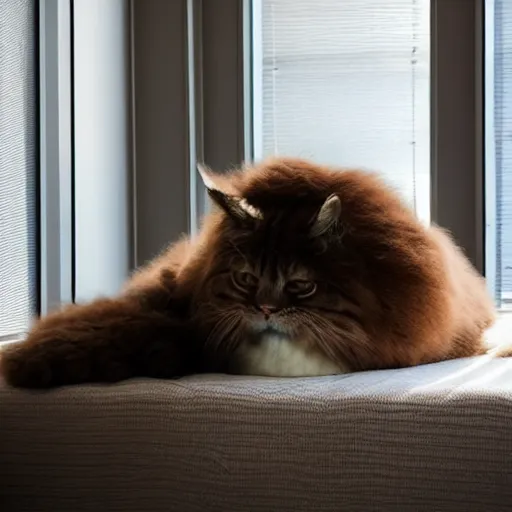 Prompt: An enormous fluffy cat laying on a bed that is barely big enough for it, stretching in the sunshine, soft color palette, sun rays, window blinds half shut