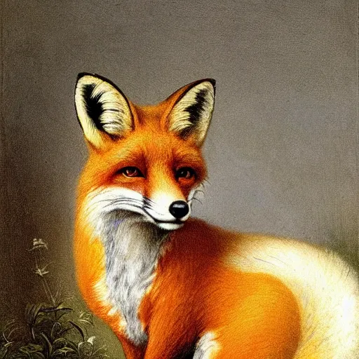 Prompt: A beautiful animal portrait of a fox in a pale yellow dress by Robert Cleminson and Jan Brueghel the Elder