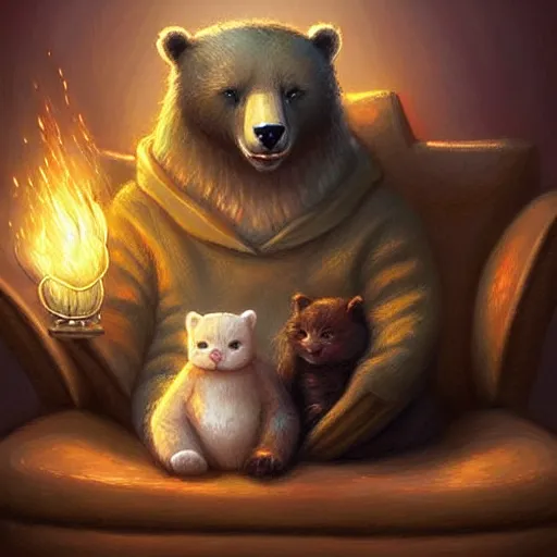 Prompt: bear and cat sitting in couch, cute and adorable, pretty, beautiful, fantasy painting, DeviantArt Artstation, by Jason Felix by Steve Argyle by Tyler Jacobson by Peter Mohrbacher, cosy atmoshpere