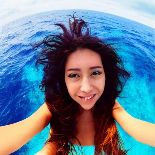 Prompt: Selfie!!!!! of a woman with gorgeous hair flowing in the wind, in the middle of the ocean!!!!!, first-person view, fisheye!!!!! lens!!!!!, photorealistic image, trending on artstation, 4k, 8k