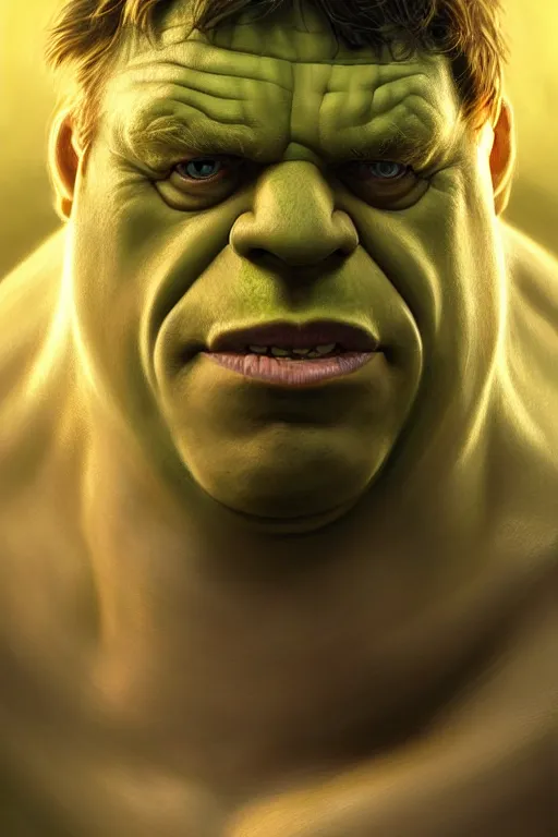 Image similar to Boris Johnson as Hulk, visible face, realistic portrait, gold and blue, highly detailed, digital painting, artstation, concept art, smooth, sharp focus, illustration, cinematic lighting, art by artgerm and greg rutkowski and alphonse mucha