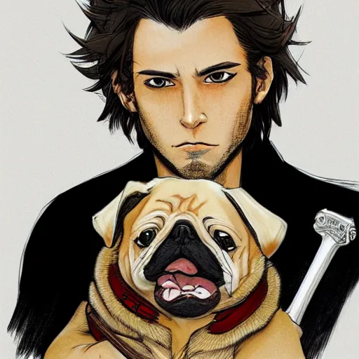 Image similar to self portrait, young white hispanic handsome man with short light brown hair and light skin and a 5 o clock shadow and holding a pug while fighting against 2 swordsmen pencil art, added detail, high definiton, colored, backfacing, illustrated by yoji shinkawa