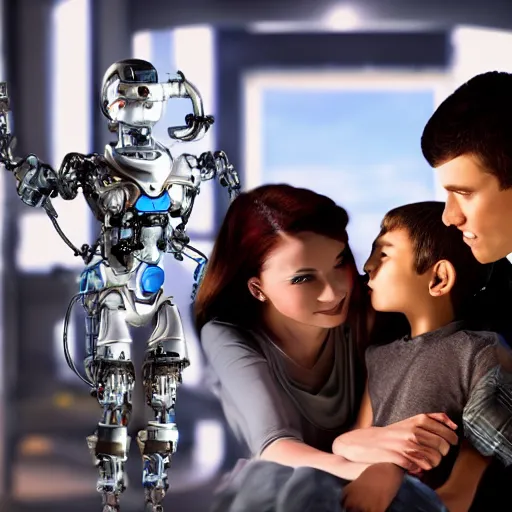Prompt: a handsome young cyborg family with a young boy, scene from a future world where nanotechnology is ubiquitous